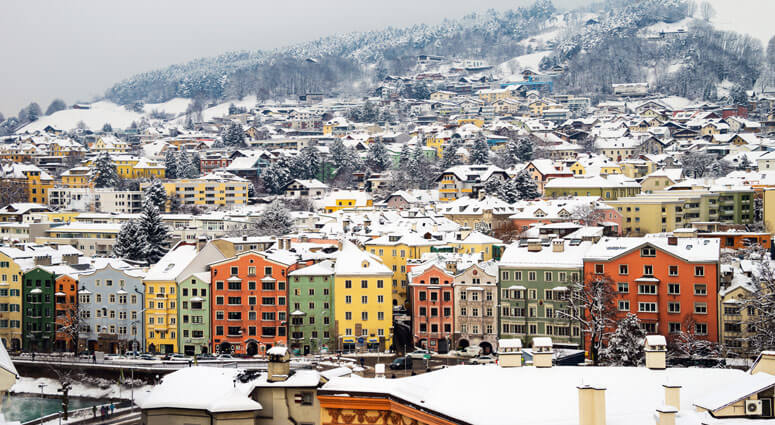 Innsbruck, Austria. Aerial view of Innsbruck, Austria during the winter morning