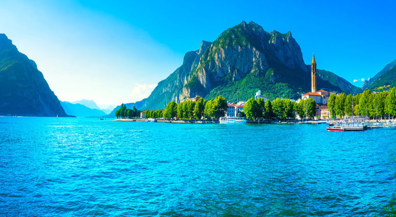 Lecco town in Como lake district. Italian traditional lake village. Italy, Europe