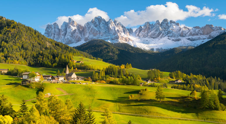 Wonderful landscape from Santa Magdalena Village in Dolomites area Italy